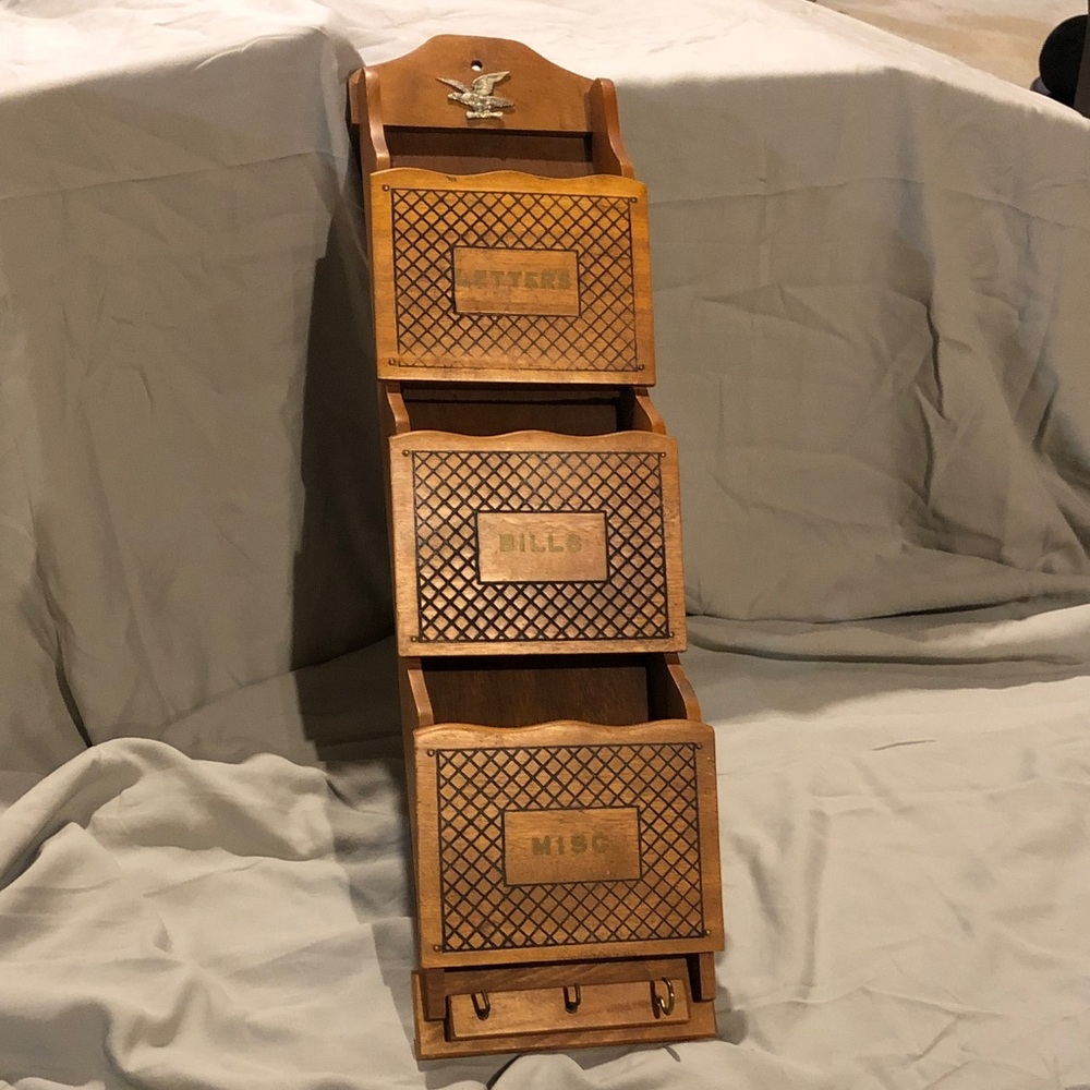 Vintage Wooden Wall Mail Organizer with Three Labeled Compartments